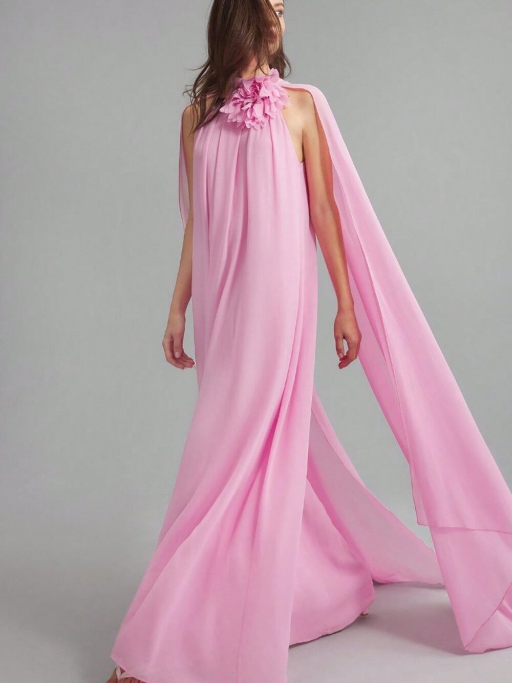 Pink Party Women's 3d Floral Design Chiffon drapey Maxi dress - Picture 3 of 8